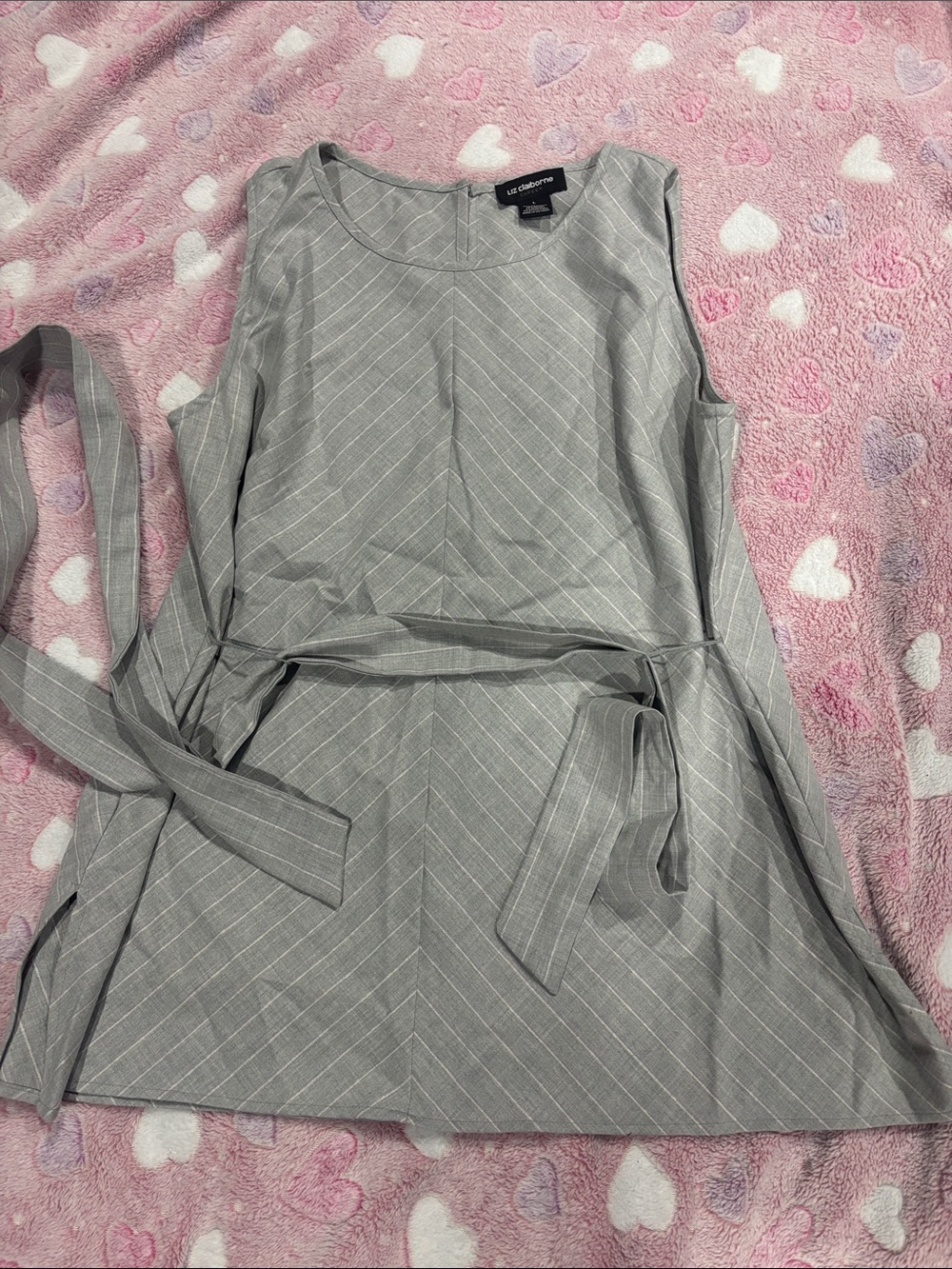 Liz Claiborne Light Gray Pinstripe Sleeveless Belted Dress